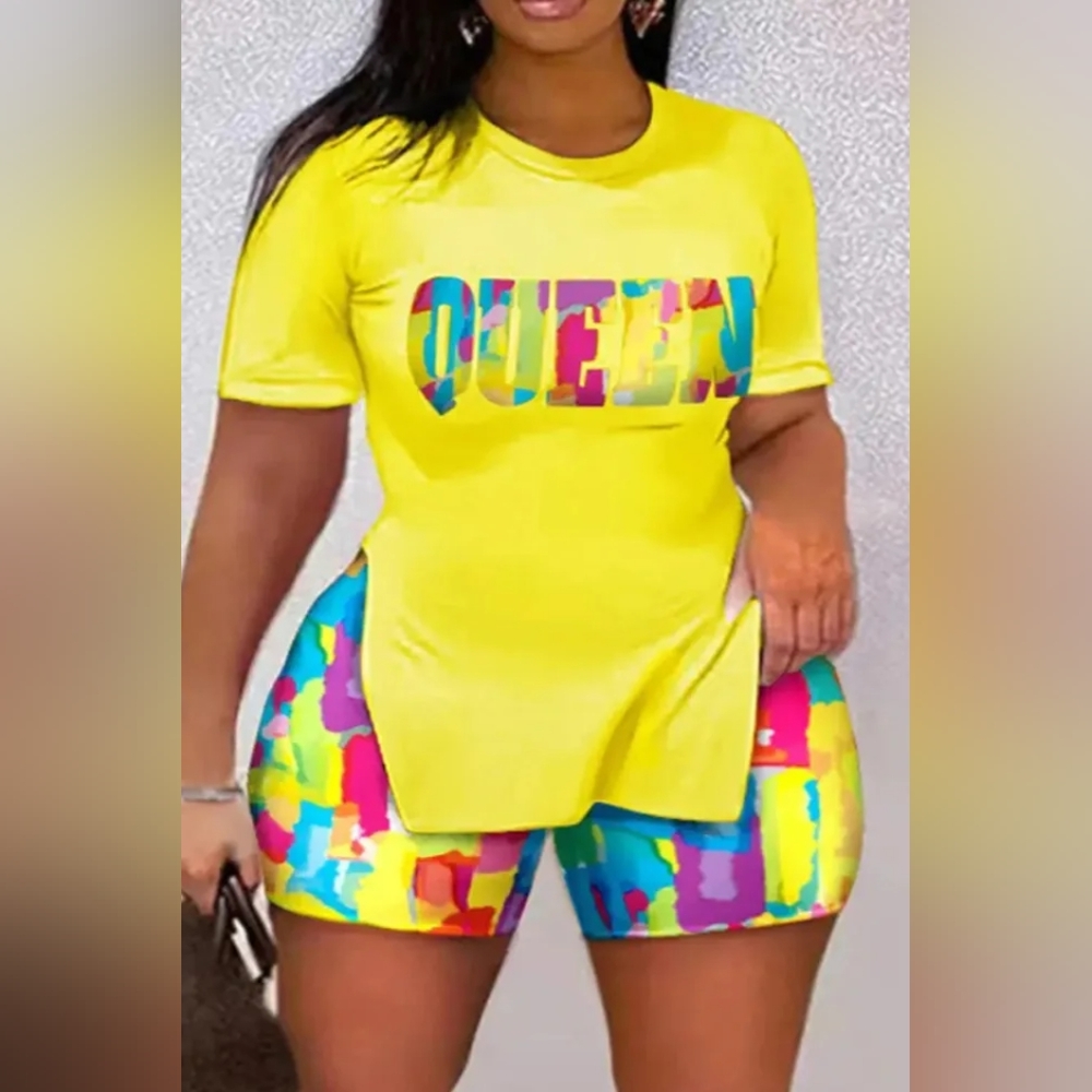 Yellow Casual Print Patchwork Slit O Neck Plus Size Two Pieces, 3X